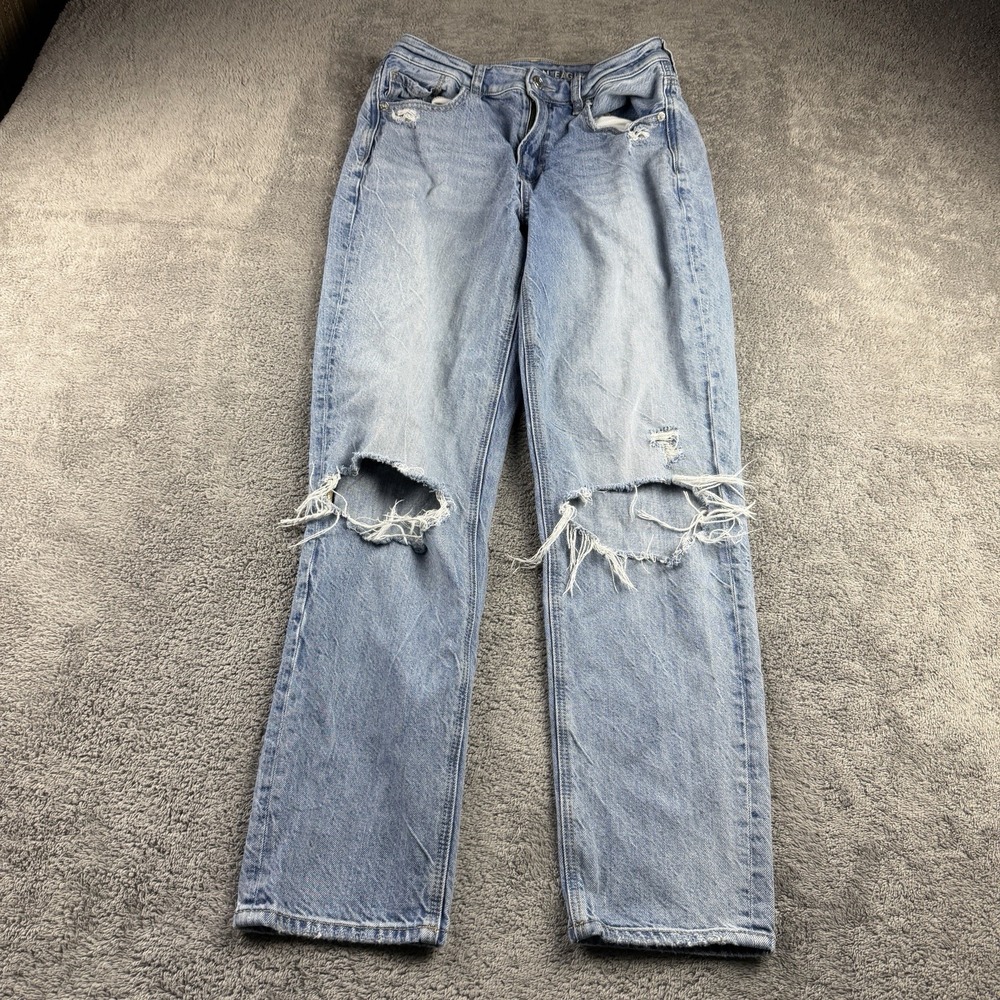 American Eagle Comfort Stretch Mom Jeans Womens 4 Blue Distressed Mid Rise
